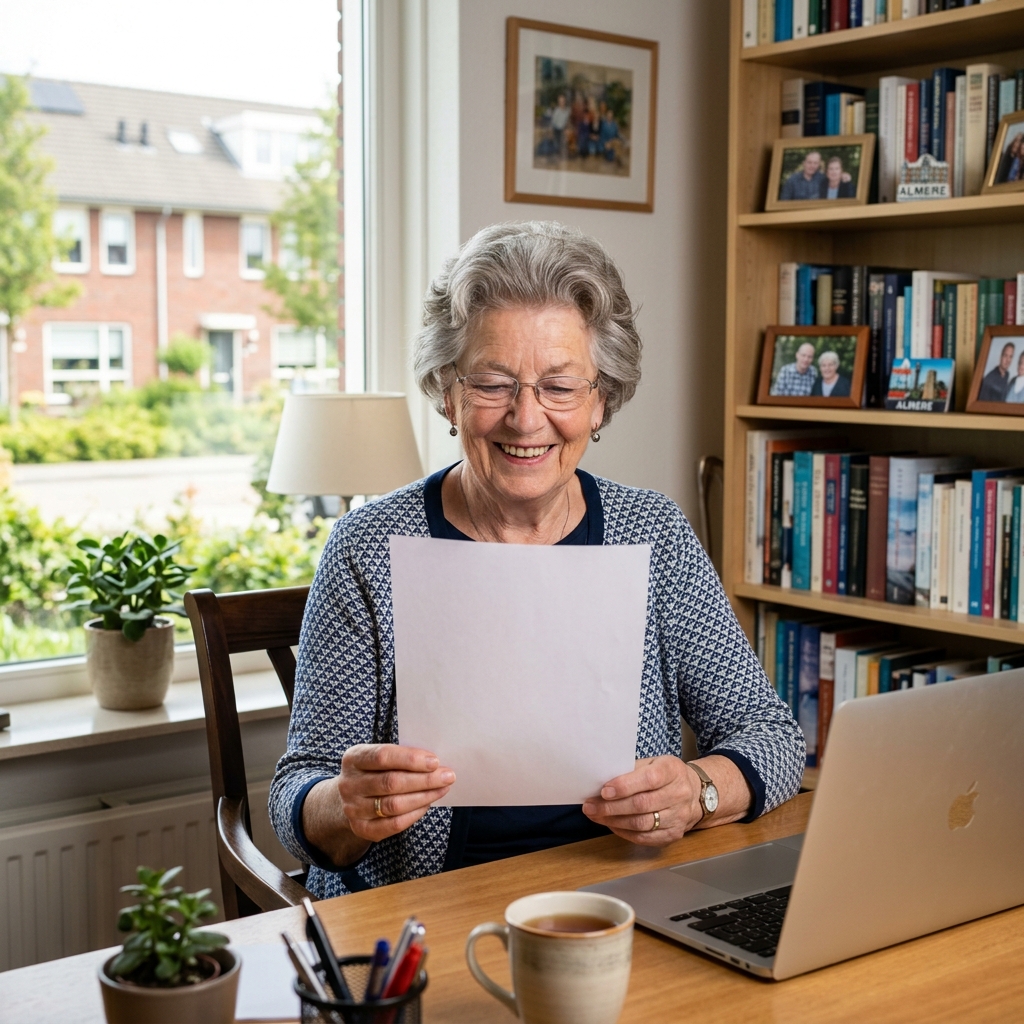 Een oudere dame leest een A4'tje met een glimlach, zittend in haar studeerkamer