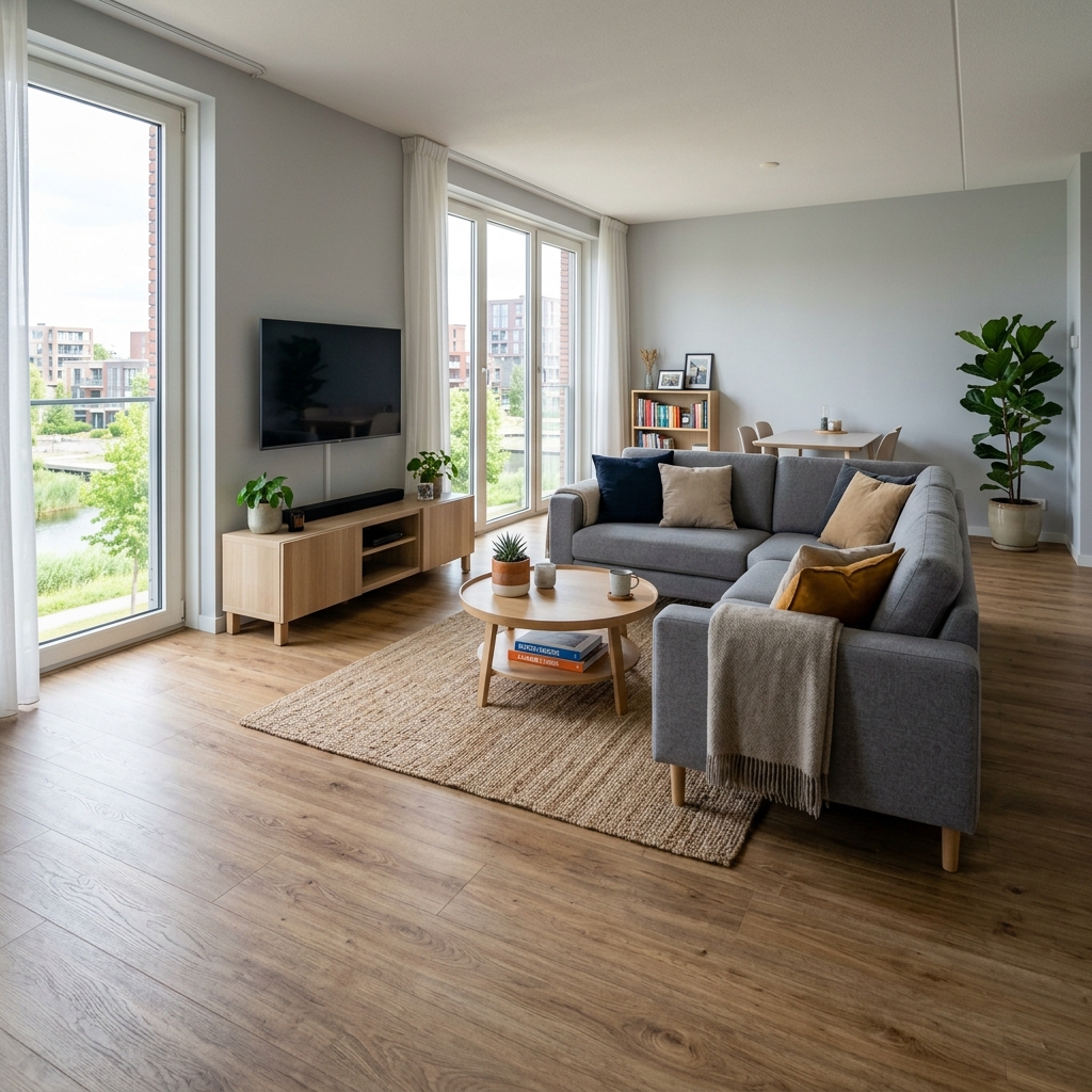 Een foto van een moderne, opgeruimde woonkamer.