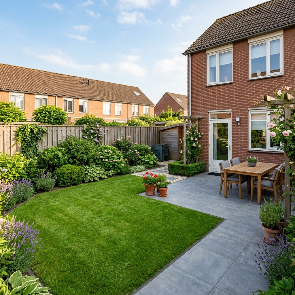 Een verzorgde achtertuin met terras, gras en struiken van een Almeerse hoekwoning