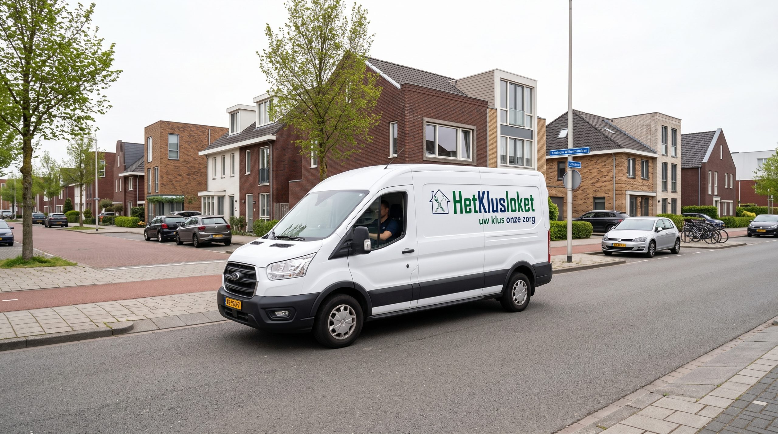 Een Ford Transit bus van Het Klusloket in een woonwijk in Almere