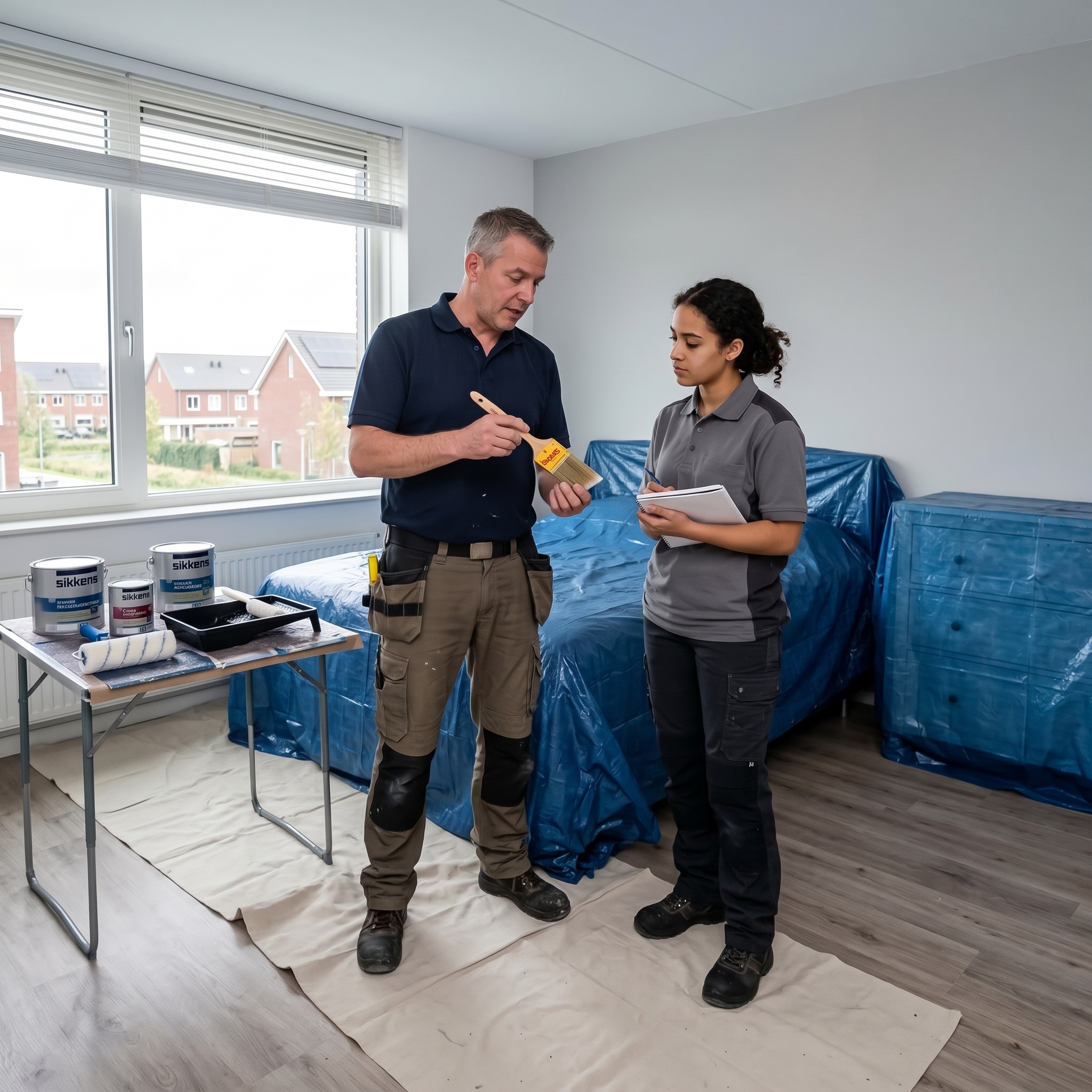 Een schilder geeft uitleg aan een leerling tijdens het schilderen van een slaapkamer